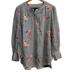 Grace Elements 0X Plus Floral Stripe Button‎ Blouse Shirt Long Sleeve NWT